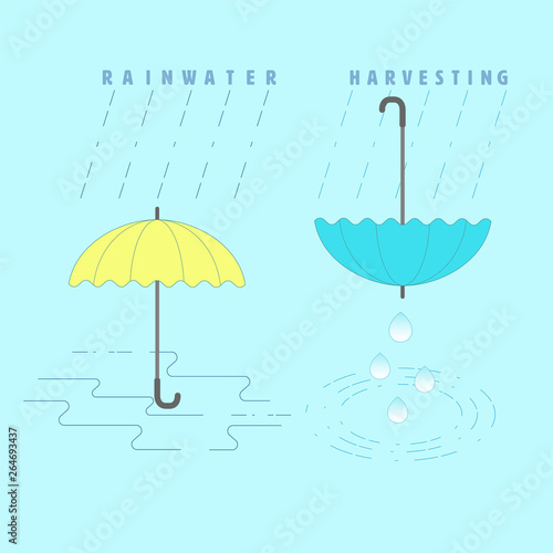 Rainwater harvesting concept. Rainwater collecting metaphor. Symbol of capturing of rainwater and water run-off for reuse. Vector illustration outline flat design style.  