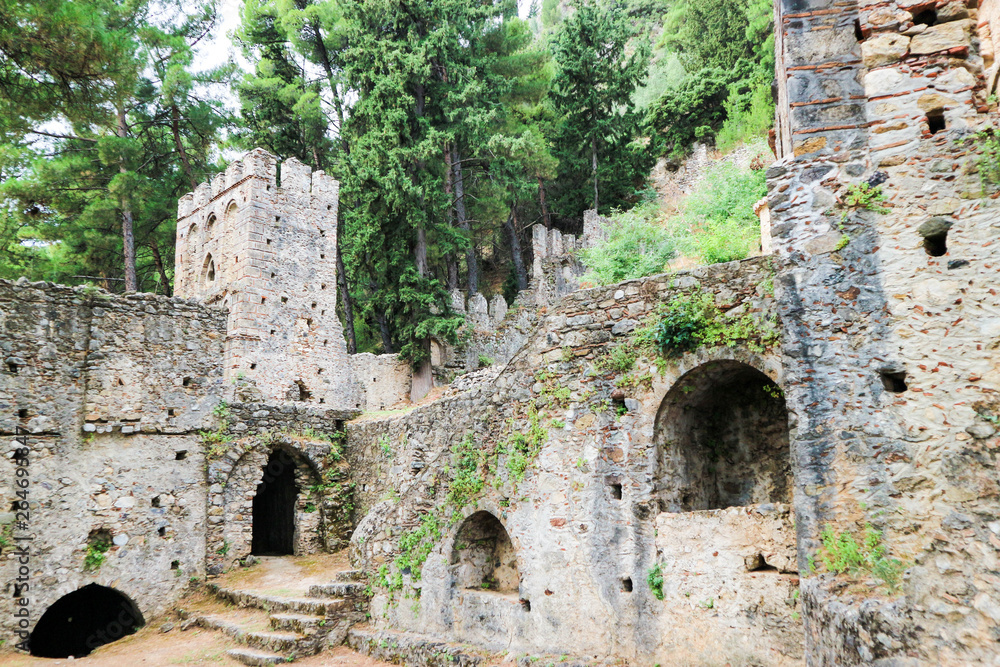Ruins of defence wall and tower of abandoned medieval town Mystras, Greece
