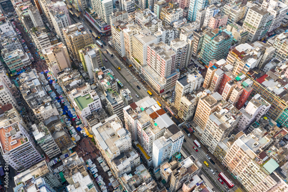 Drone fly over Hong Kong residential city