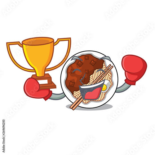 Boxing winner jajangmyeon on a character wooden table