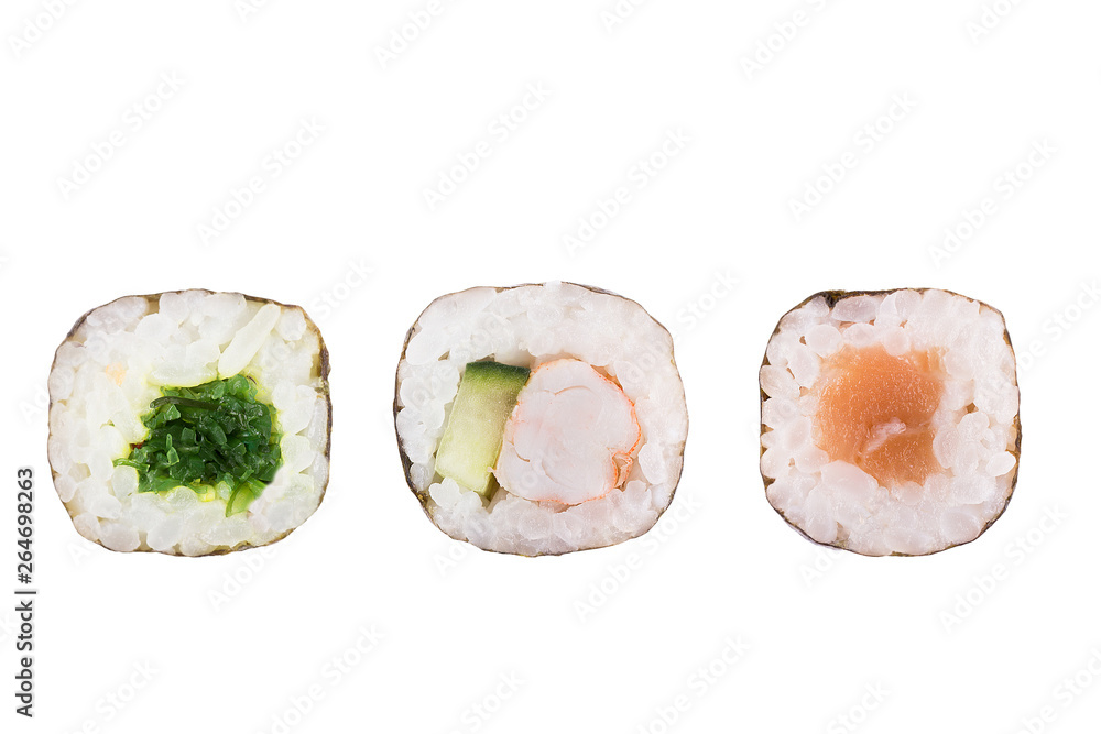 Sushi rolls isolated on white background. Collection. Close-up of delicious japanese food with sushi roll. Sushi rolls isolated on white background. Collection. Close-up of delicious japanese food with sushi roll.