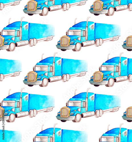 Seamless pattern transport and logistic of watercolor blue semi-trailer truck as a tractor unit and semi-trailer to carry freight for textile or fabric or wrapper