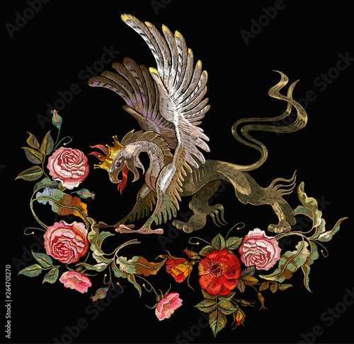 Embroidery griffin and red roses, pink peonies. Medieval art. Gothic template tapestry renaissance style. Template for clothes, t-shirt design