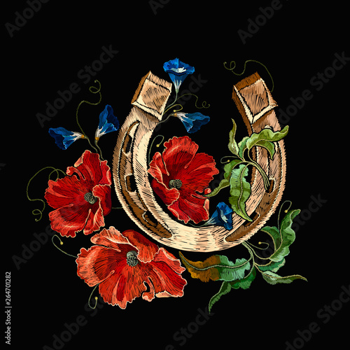 Gold horseshoe. Red poppies and violet flowers. Embroidery art. Fashion template for clothes, t-shirt design