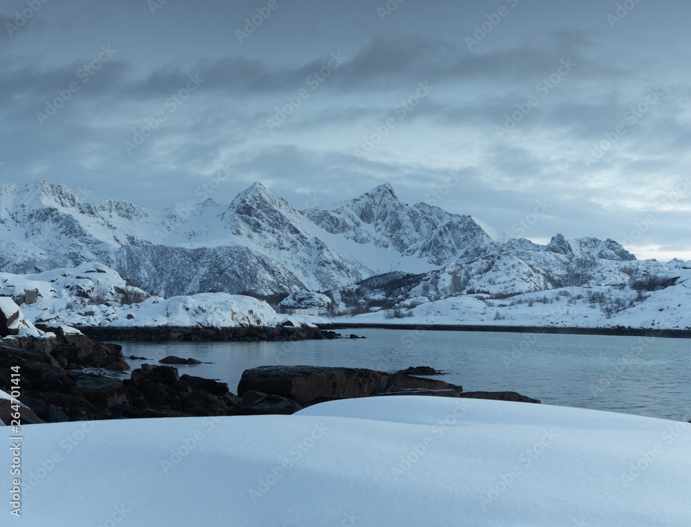 Fototapeta premium Panorama of sunrise on a beach in Lofoten Islands Norway