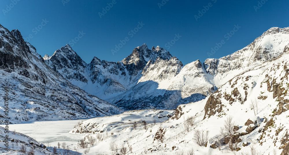 Panorama of snow covered mountains in Norway, Lofoten Islands Panorama of snow covered mountains in Norway, Lofoten Islands