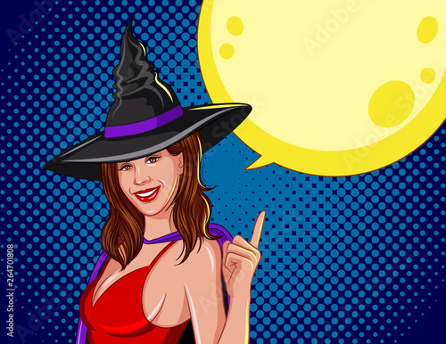 Colored vector illustration for halloween. Design for greeting card, party invitations, advertising banner. Sexy witch with hat points finger up. Beautiful young girl smiling against the moonlight