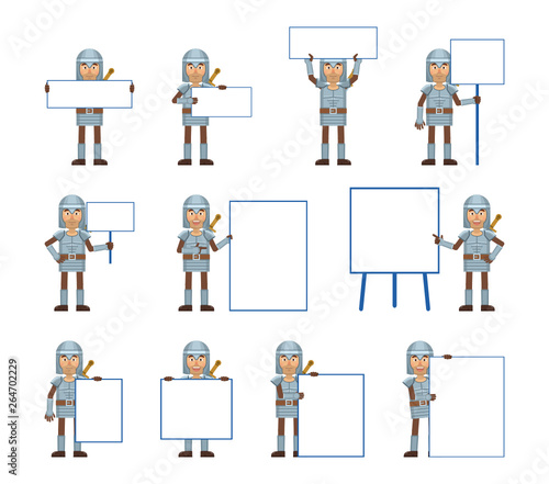 Set of medieval knight characters posing with different blank banners. Cheerful knight holding paper, poster, placard, pointing to whiteboard. Teach, advertise, promote. Flat vector illustration