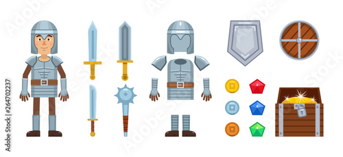 Knight character with diverse game elements. Vector icons of sword, medieval weapons, armor, helmet, shield, coins, gemstones and treasure chest. Flat vector illustration
