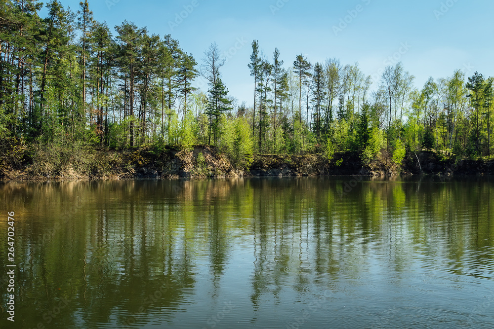 Reflection trees in water on swamped quarry, Czech republic Reflection trees in water on swamped quarry, Czech republic