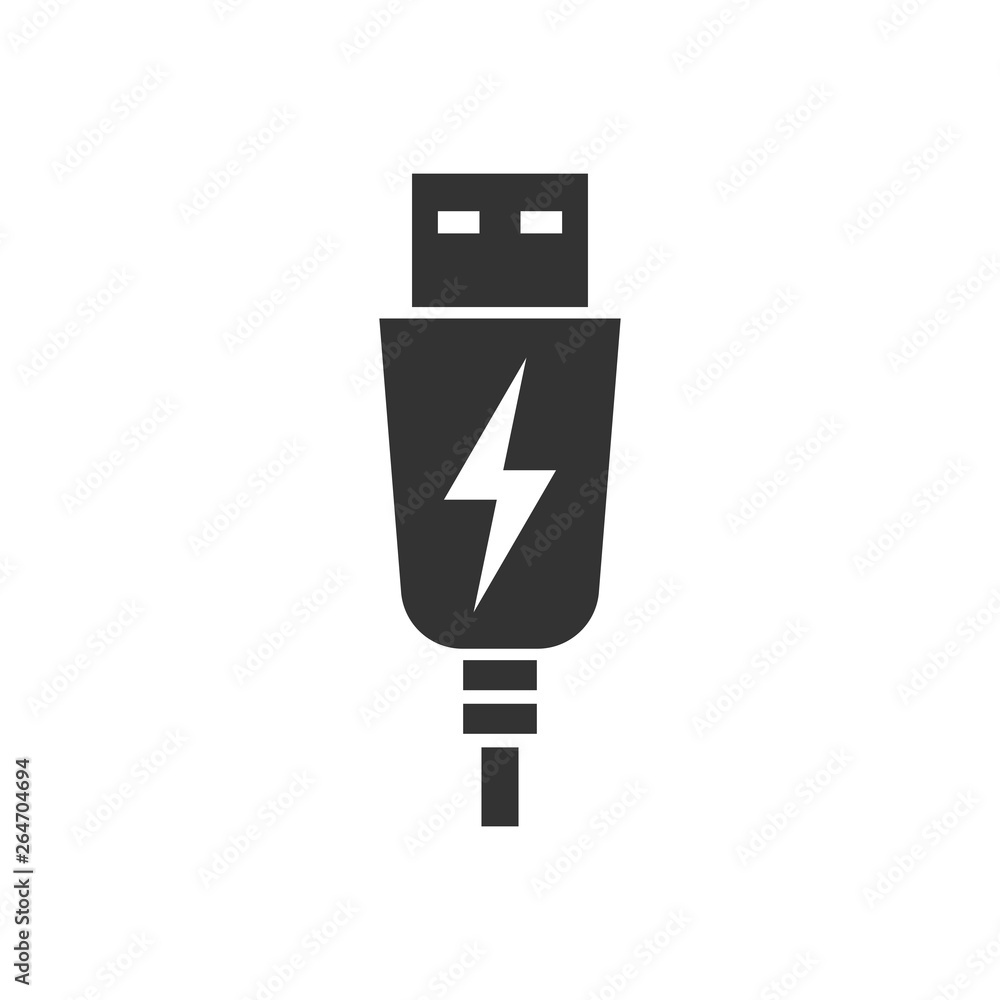 Obraz premium Usb cable icon in flat style. Electric charger vector illustration on white isolated background. Battery adapter business concept.