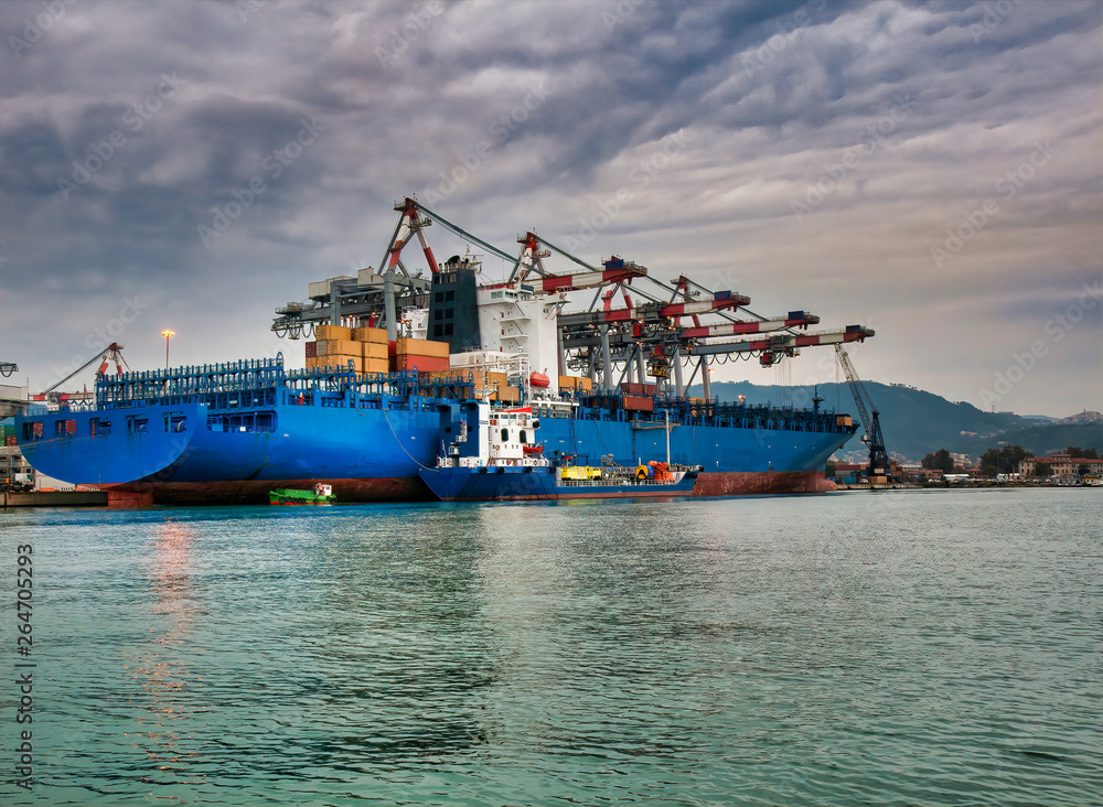 blue container ship in a harbour