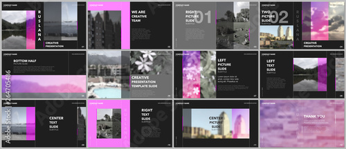 Travel concept presentations design, portfolio vector templates with graphic elements on black. Multipurpose template for presentation slide, flyer leaflet, brochure cover, report, advertising.