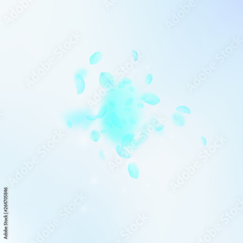 Turquoise flower petals falling down. Wondrous rom