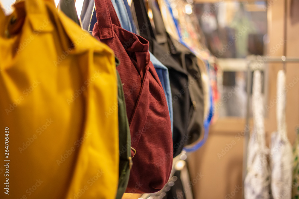 colorful bags on blurred background at shop