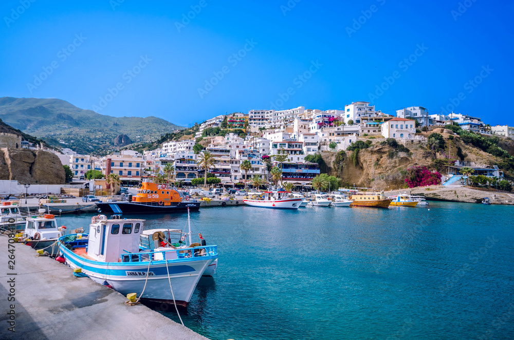Agia Galini Crete -the popular seaside resort built on the slopes of a high mountain,overlooking the endless Libyan sea.It offers to its visitors all amenities for unforgettable holidays.