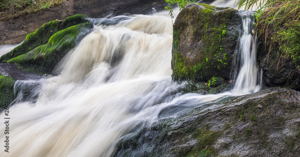 The rapid flow of the river, rocky coasts, rapids, bright green vegetation in Finland