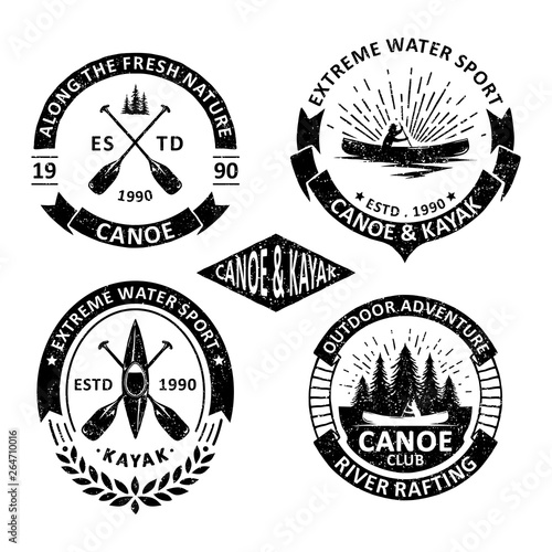 Set of vintage canoe badges labels, emblems and logo