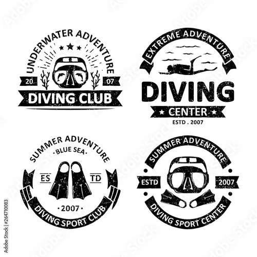 Set of vintage diving badges labels, emblems and logo