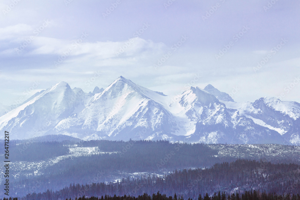Snowy mountaing peaks of Tatra wrapped in a slight fogg Snowy mountaing peaks of Tatra wrapped in a slight fogg