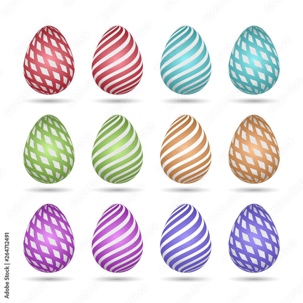 Set of Easter holiday eggs. Colorful with white patterns, stripes and shadow. Vector elements on an isolated background. Set of Easter holiday eggs. Colorful with white patterns, stripes and shadow. Vector elements on an isolated background.