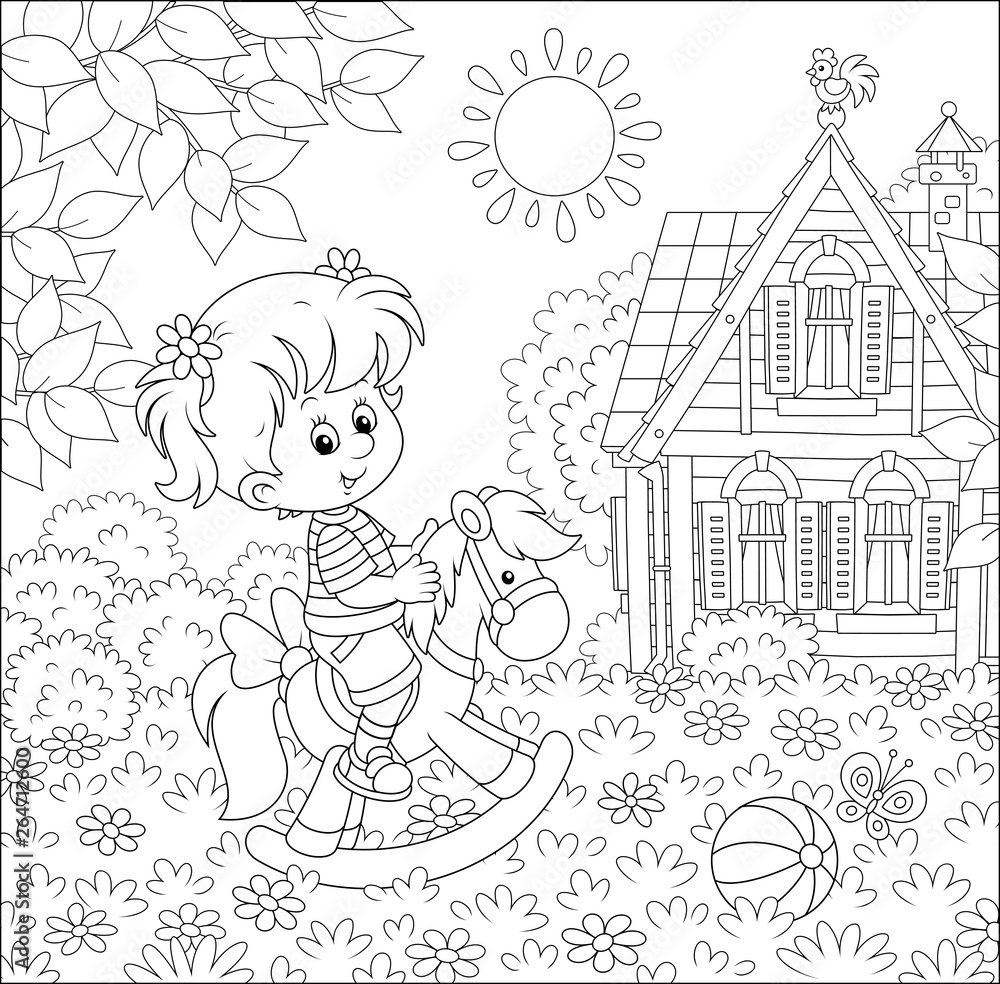 Cute small girl riding on a toy horse among flowers on a lawn of a house on a sunny summer day, black and white vector illustration in a cartoon style for a coloring book