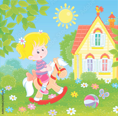 Cute small girl riding on a toy horse among colorful flowers on green grass of a lawn of a house on a sunny summer day, vector illustration in a cartoon style