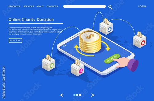 Online charity donation vector website landing page design template