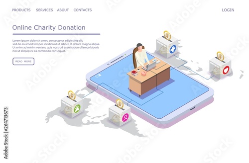 Online charity donation vector website landing page design template
