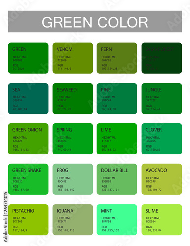 Green. Color codes and names. Selection of colors for design, interior and illustration. Poster