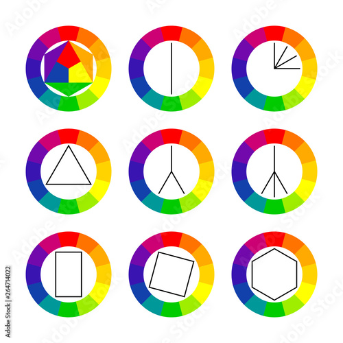 Color schemes and harmonies. Color wheel, spectrum. Scheme selection of combinations. Textbook or poster.