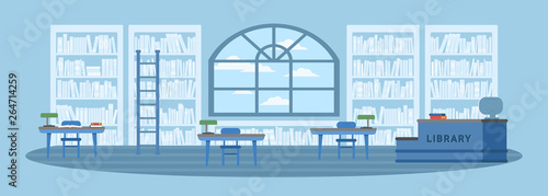 Library interior flat vector illustration
