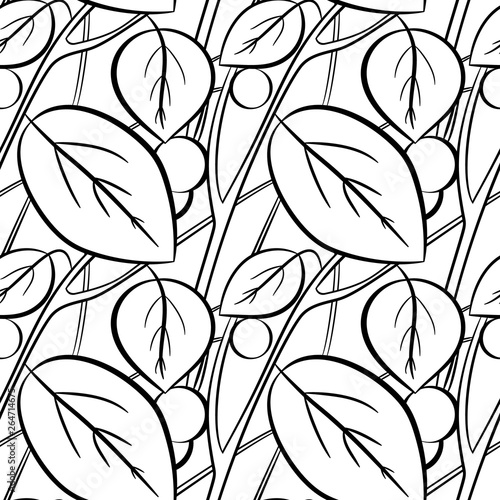 Seamless forest pattern. Black and white floral background. Vege