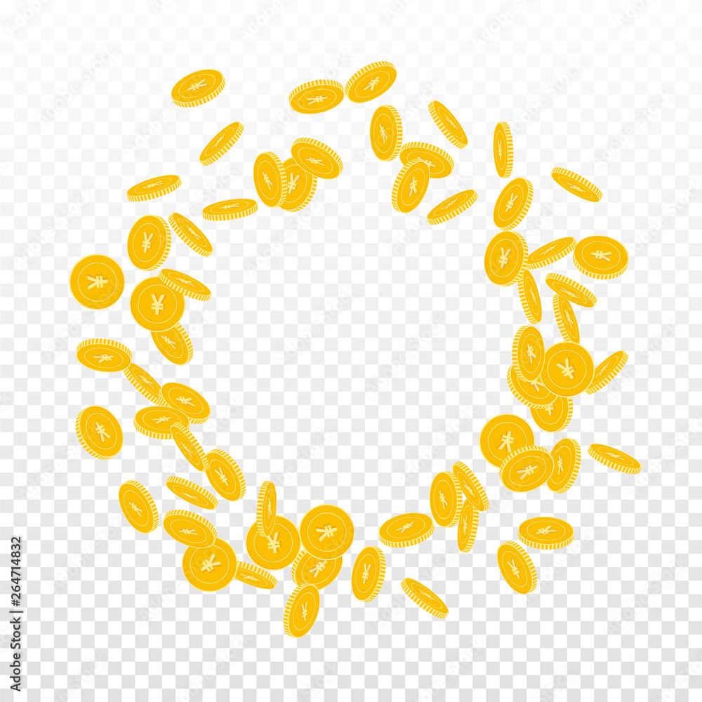 Chinese yuan coins falling. Scattered small CNY co Chinese yuan coins falling. Scattered small CNY co