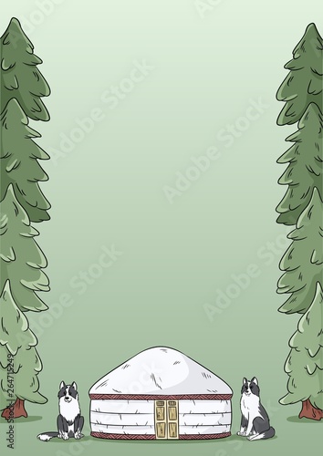A4 letter template design with yurt, siberian laika dogs and green forest fir trees background