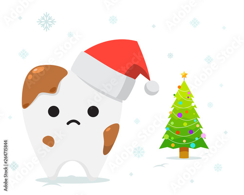 Stained tooth is wearing christmas hat. Isolated Vector Illustration