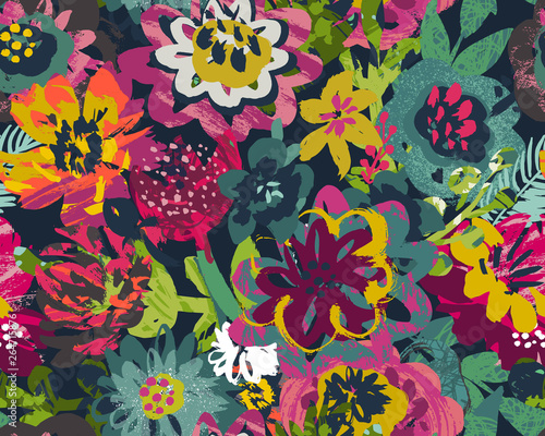 Vector seamless pattern with plants, leaves and flower bouquets with hand painted texture.