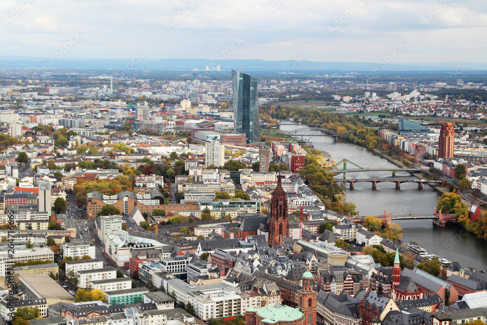 Obraz premium Panoramic view from observation point from Main Tower to Frankfurt and suburbans, Germany