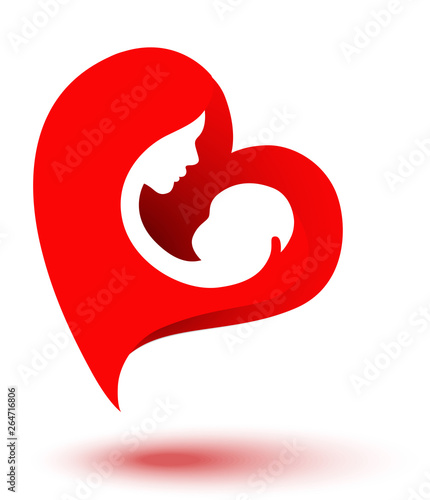 Happy parents having good time with their little children. Mother and baby in heart shaped logo. Mother's day. Mom and child Health. Digital art painting