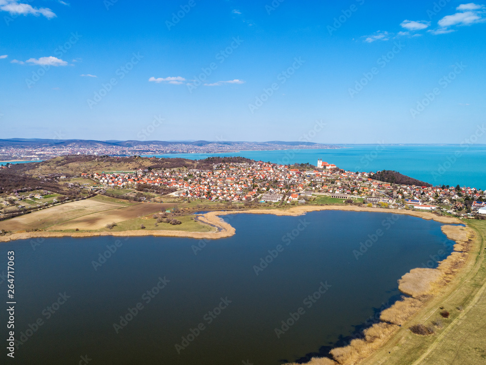 View from above of Belső-tó lake and Balaton lake. Tihany peninsula, Hungary, Europe
