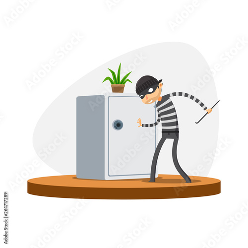 A thief is trying to open the safe box. Isolated Vector Illustration