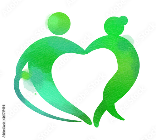 Elderly healhtcare heart shaped logo. Nursing home sign silhouette on watercolor background. Digital art painting