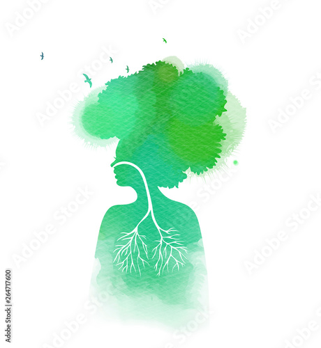 Woman breathing in a natural and healthy environment silhouette on watercolor background. Her lungs and her  head are branches of a tree with flying birds, Healthy life concept