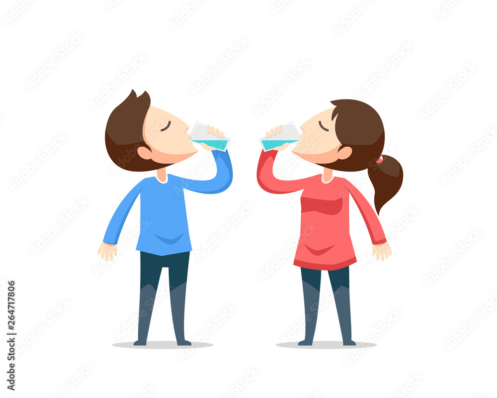 Boy and girl drink water. Vector illustration