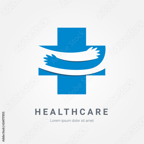 Hospital blue cross sign with hand embrace