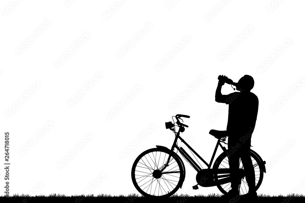 Silhouette man and bike relaxing on white background Silhouette man and bike relaxing on white background