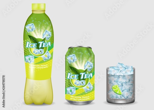 Green iced tea package mockup set, vector realistic illustration