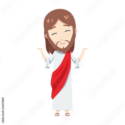 Cute Jesus Christ is raising two hands and skew his head