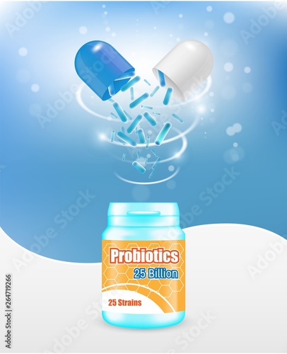 Probiotics pills advertising vector poster banner template