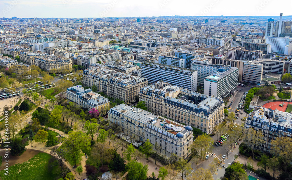 Aerial view of Paris city from Eiffel Tower. France. April 2019